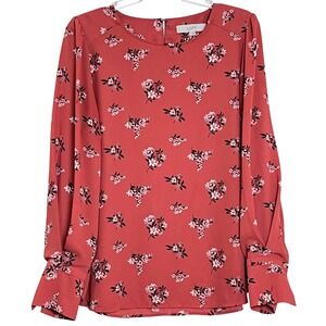 LOFT Womens Floral Blouse L Burnt Orange Long Sleeve Crew Neck Keyhole‎ Back